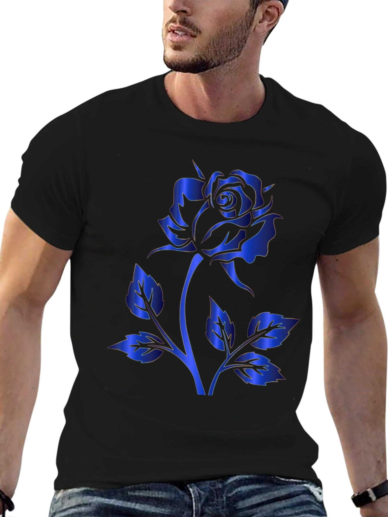 Black T-Shirt with Blue Rose Design