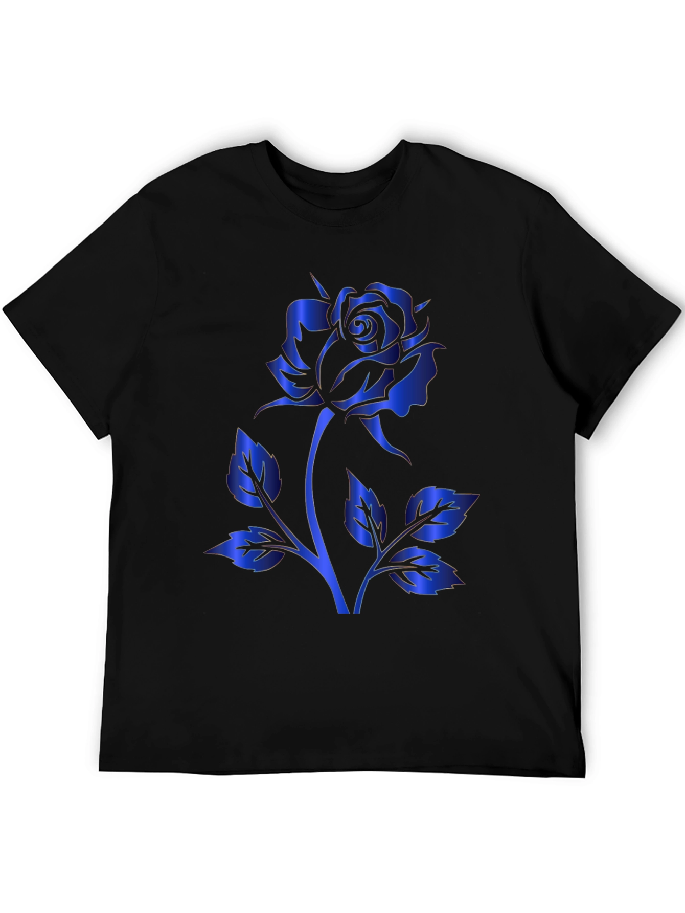Black T-Shirt with Blue Rose Design