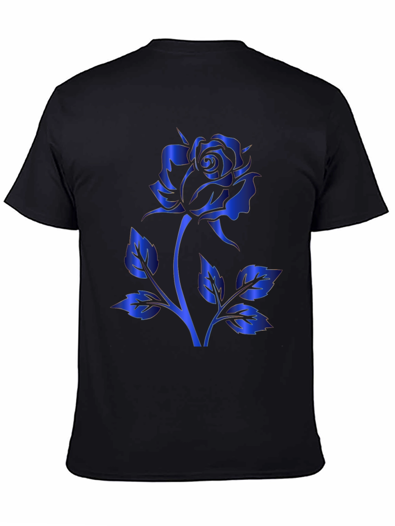Black T-Shirt with Blue Rose Design