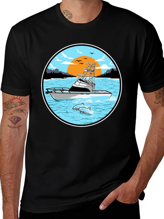 Fishing Boat Graphic Tee - Sunset Scene