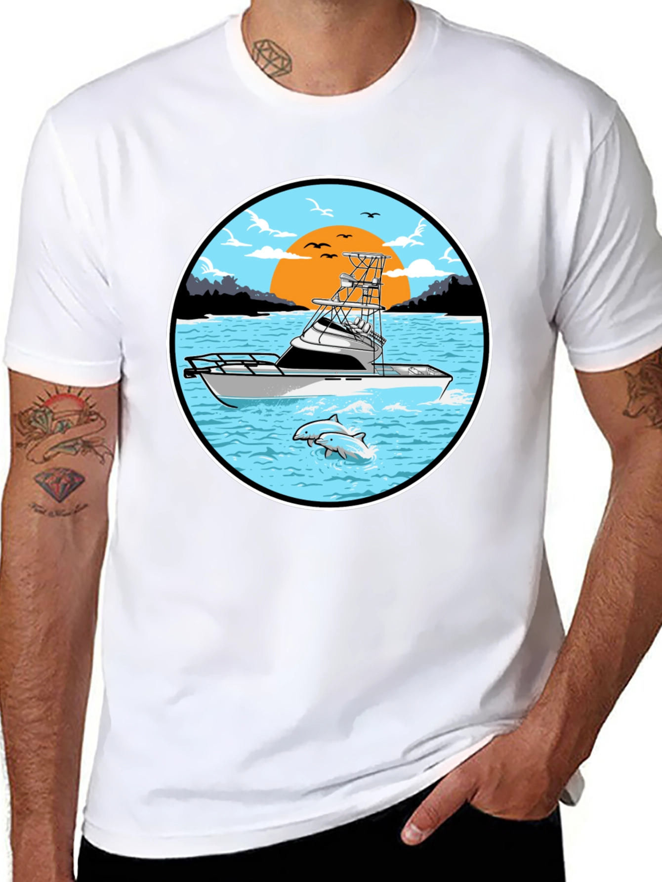 Fishing Boat Graphic Tee - Sunset Scene