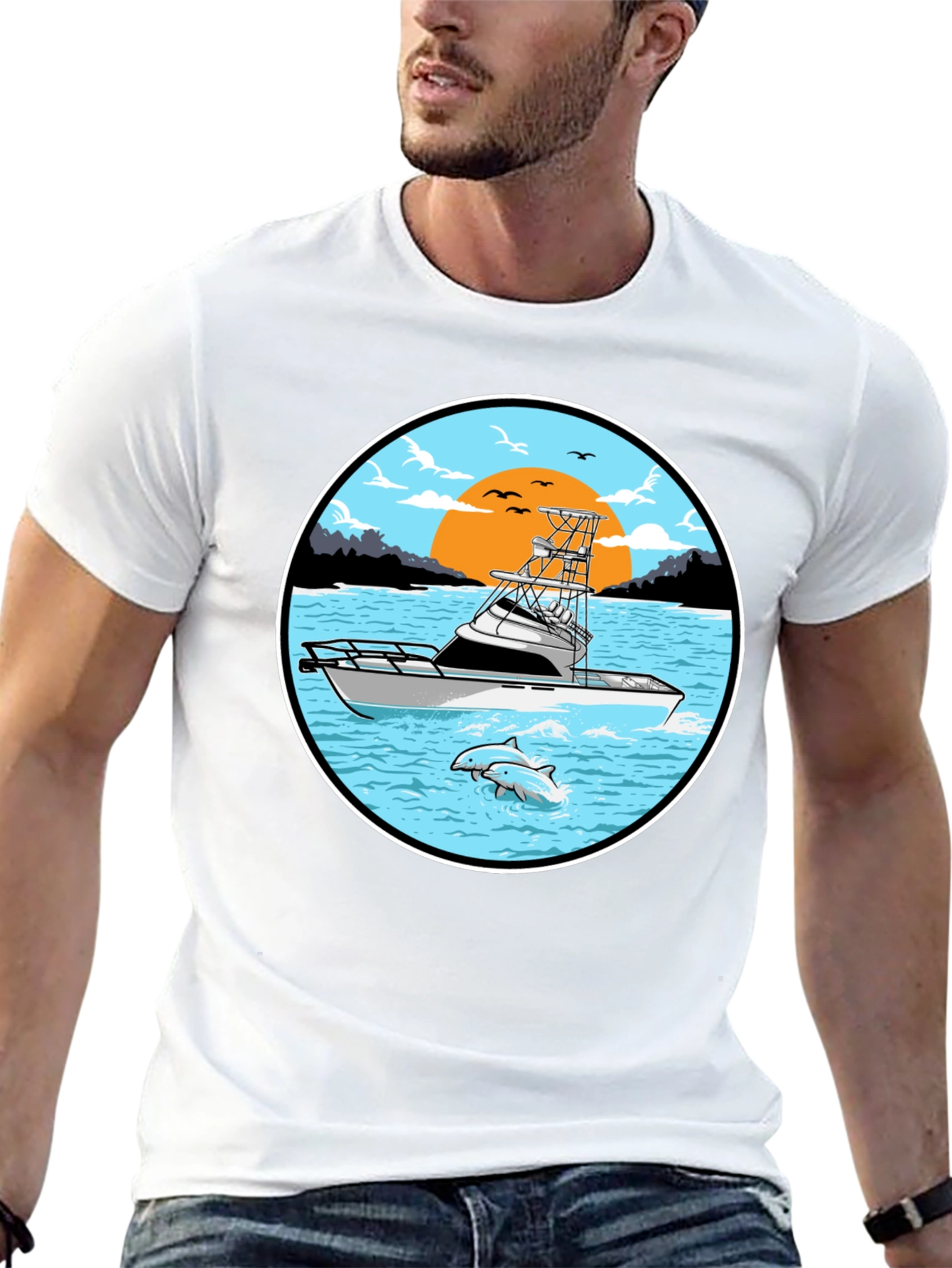 Fishing Boat Graphic Tee - Sunset Scene