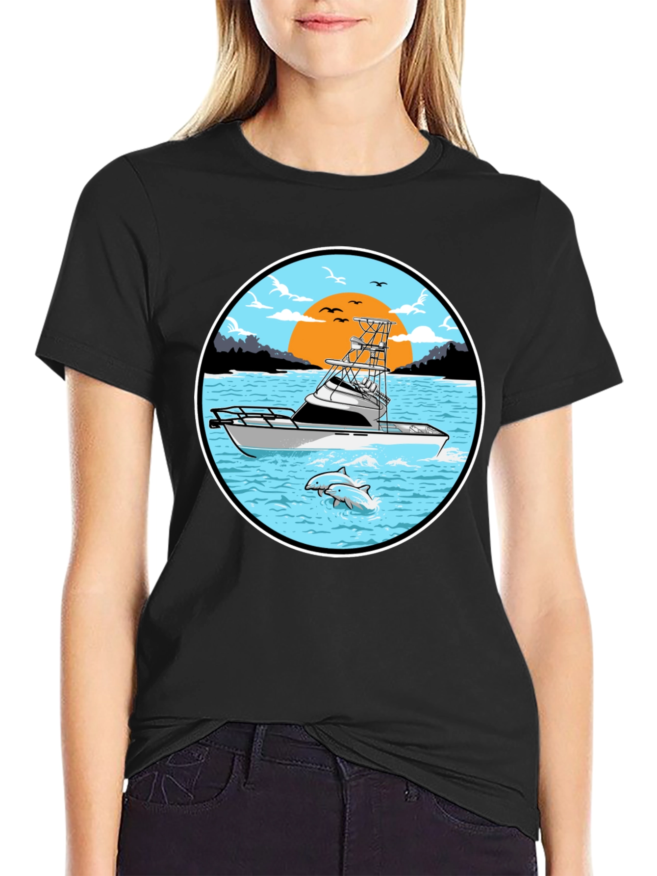 Fishing Boat Graphic Tee - Sunset Scene