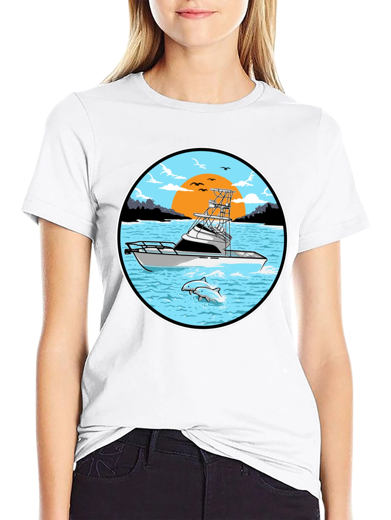 Fishing Boat Graphic Tee - Sunset Scene