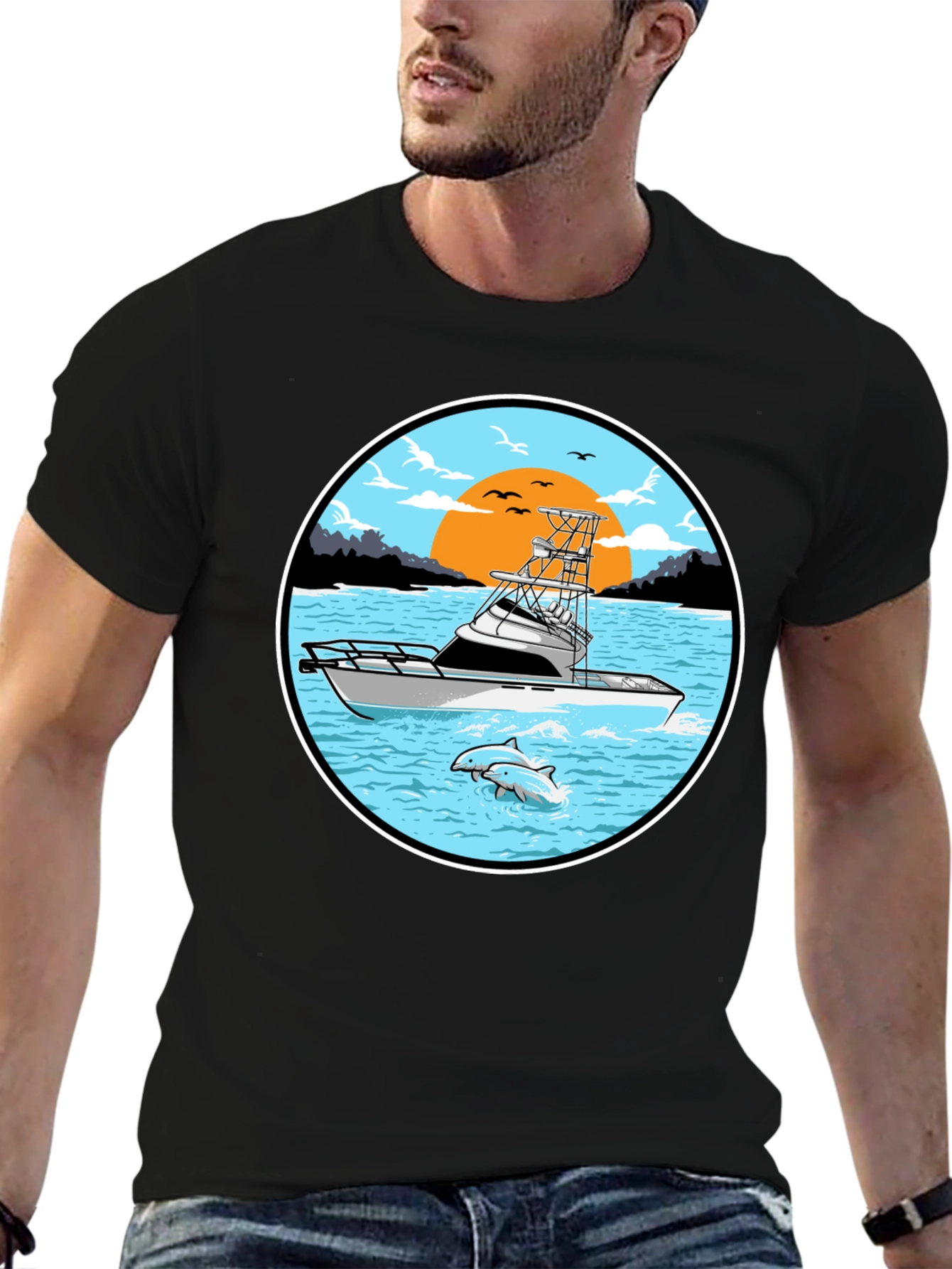Fishing Boat Graphic Tee - Sunset Scene