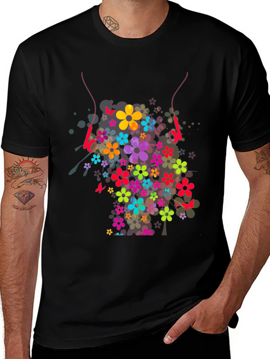 Floral Headphones Graphic T-Shirt - Stylish Design