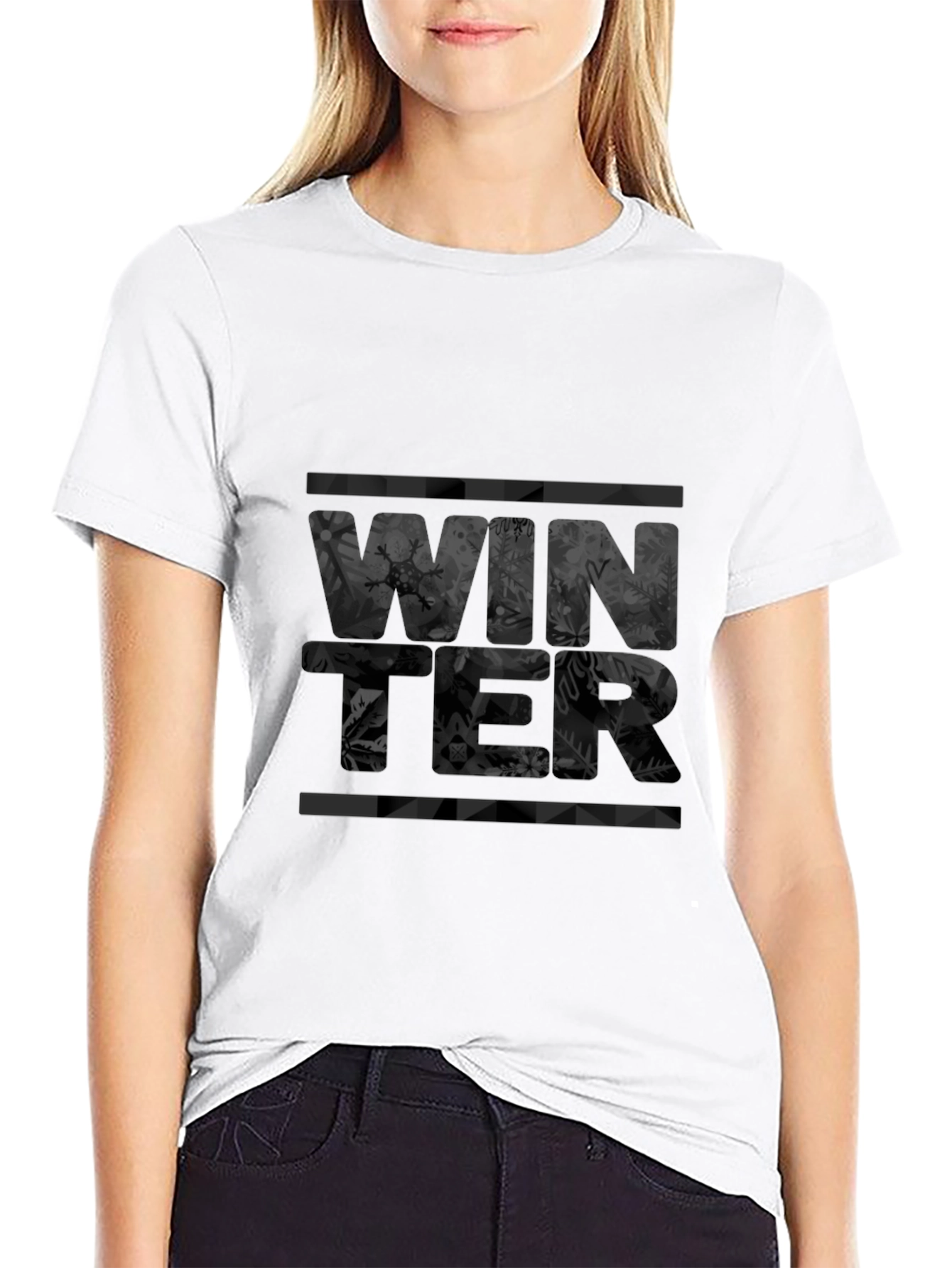 Winter Snowflake Print Black Graphic Tee Shirt