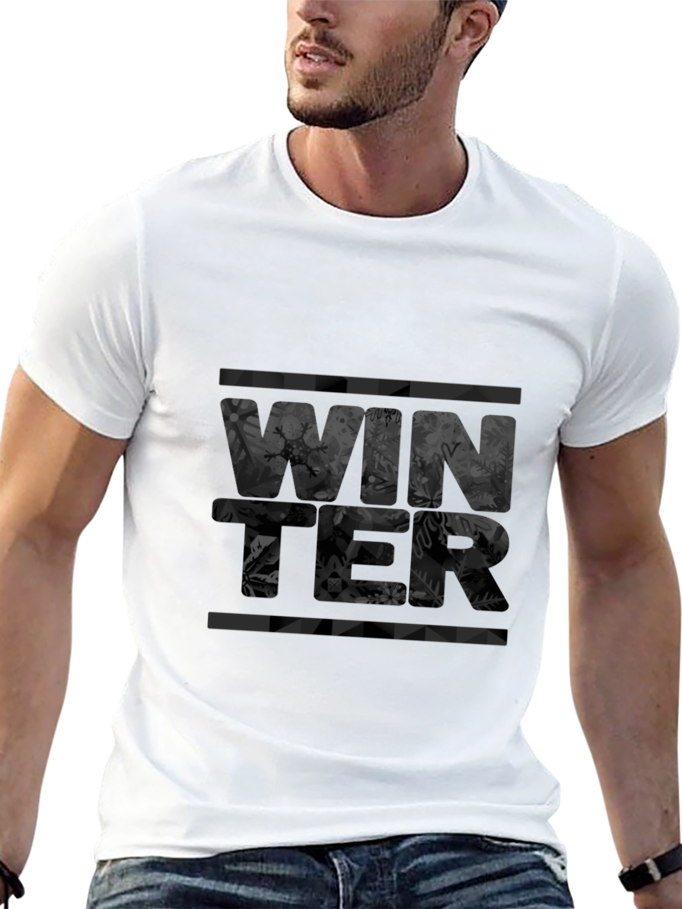 Winter Snowflake Print Black Graphic Tee Shirt