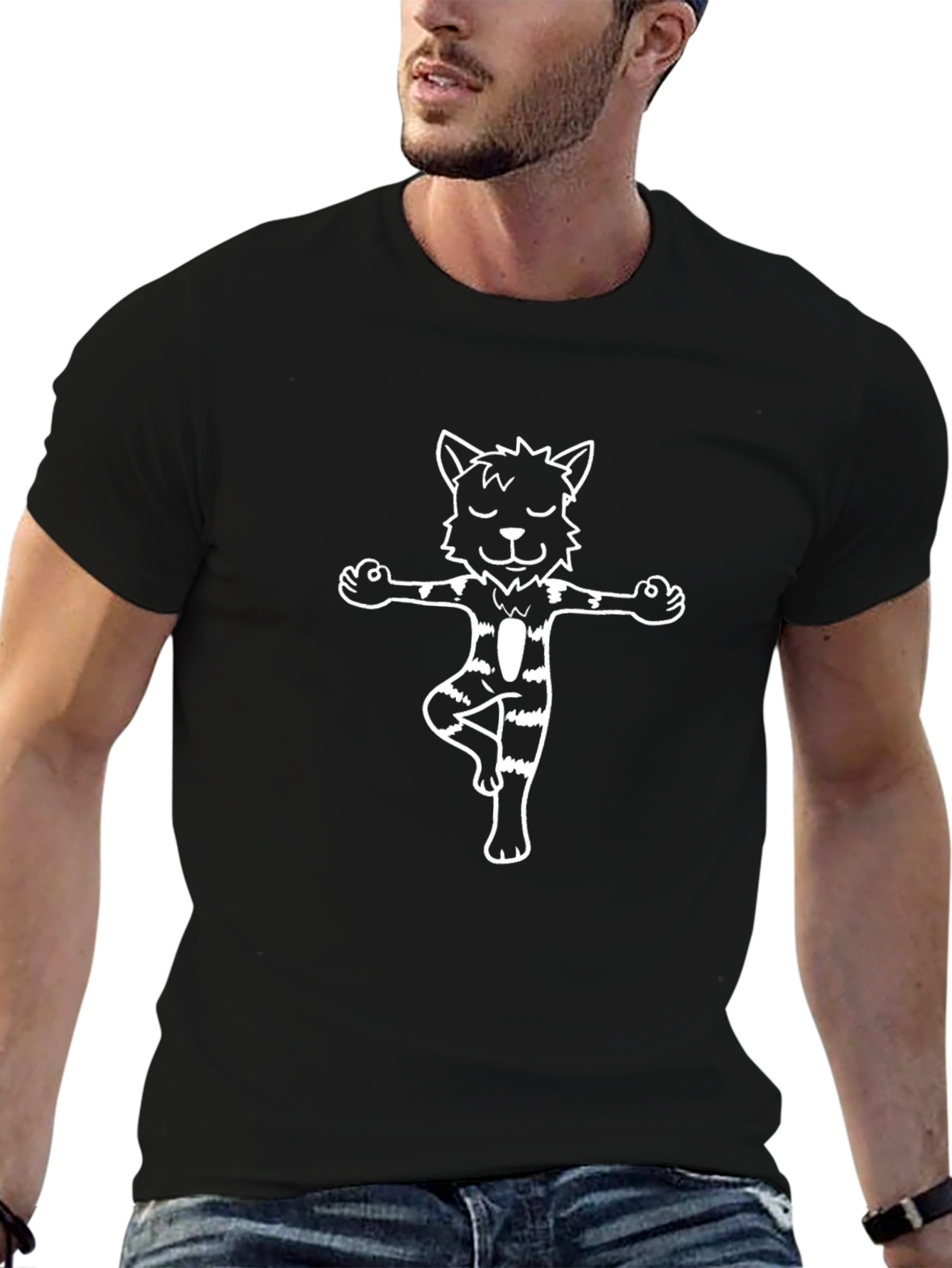 Yoga Cat Graphic Tee - Black Cotton T-Shirt