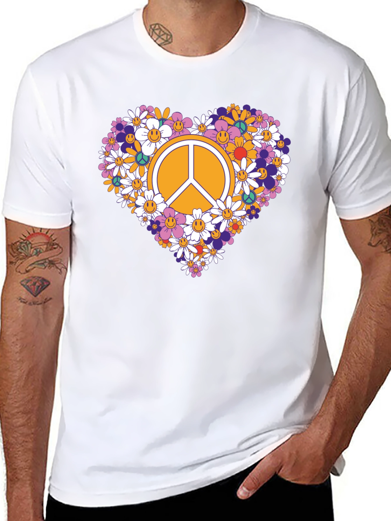 Floral Peace Sign Graphic Tee - Black