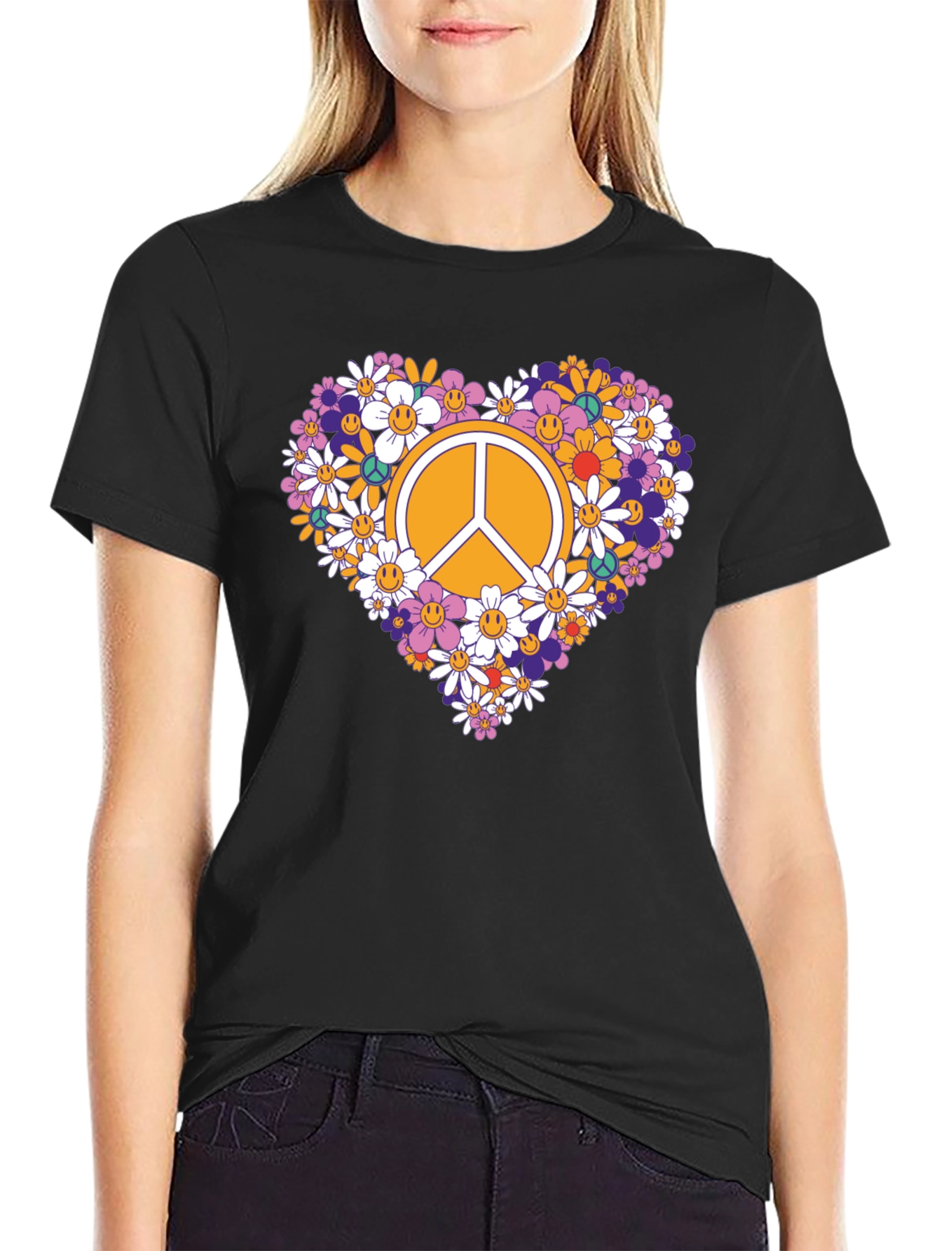 Floral Peace Sign Graphic Tee - Black