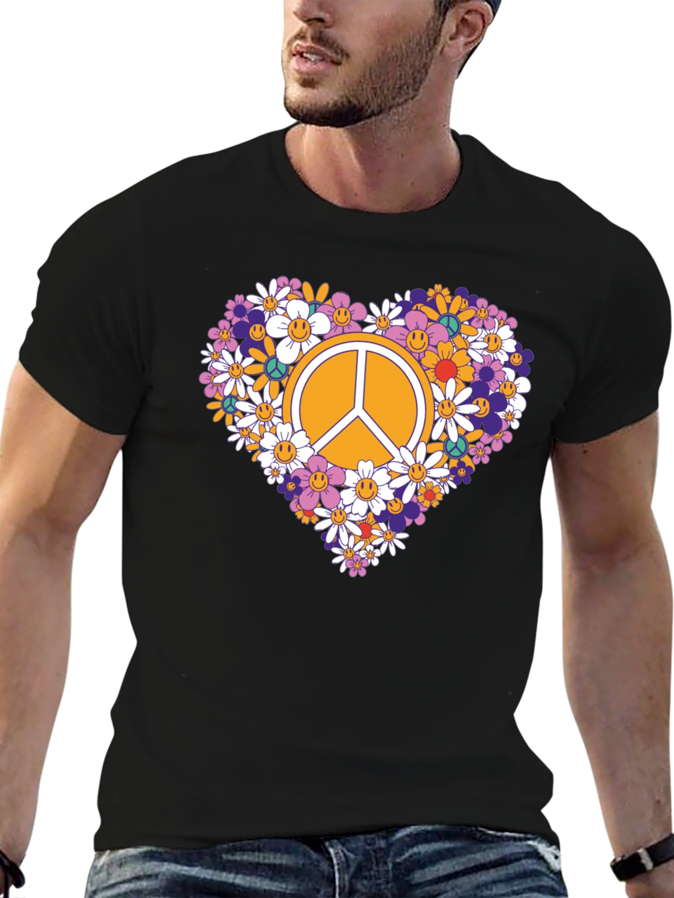 Floral Peace Sign Graphic Tee - Black