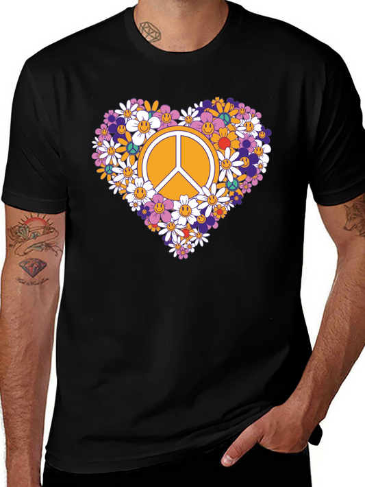Floral Peace Sign Graphic Tee - Black