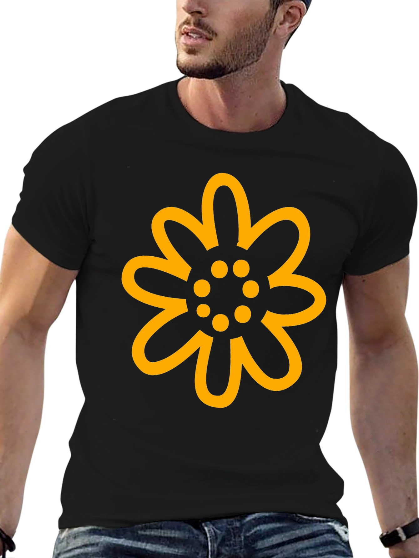 Black T-Shirt with Gold Floral Design