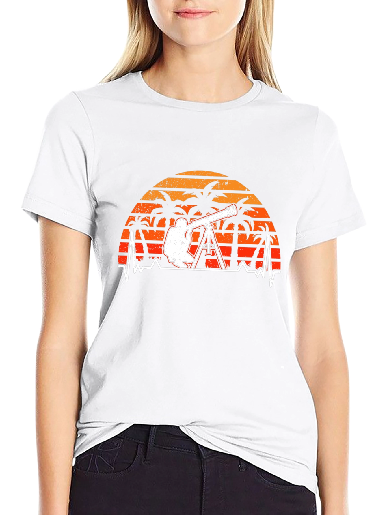 Astronomy T-Shirt: Telescope Heartbeat Sunset Design