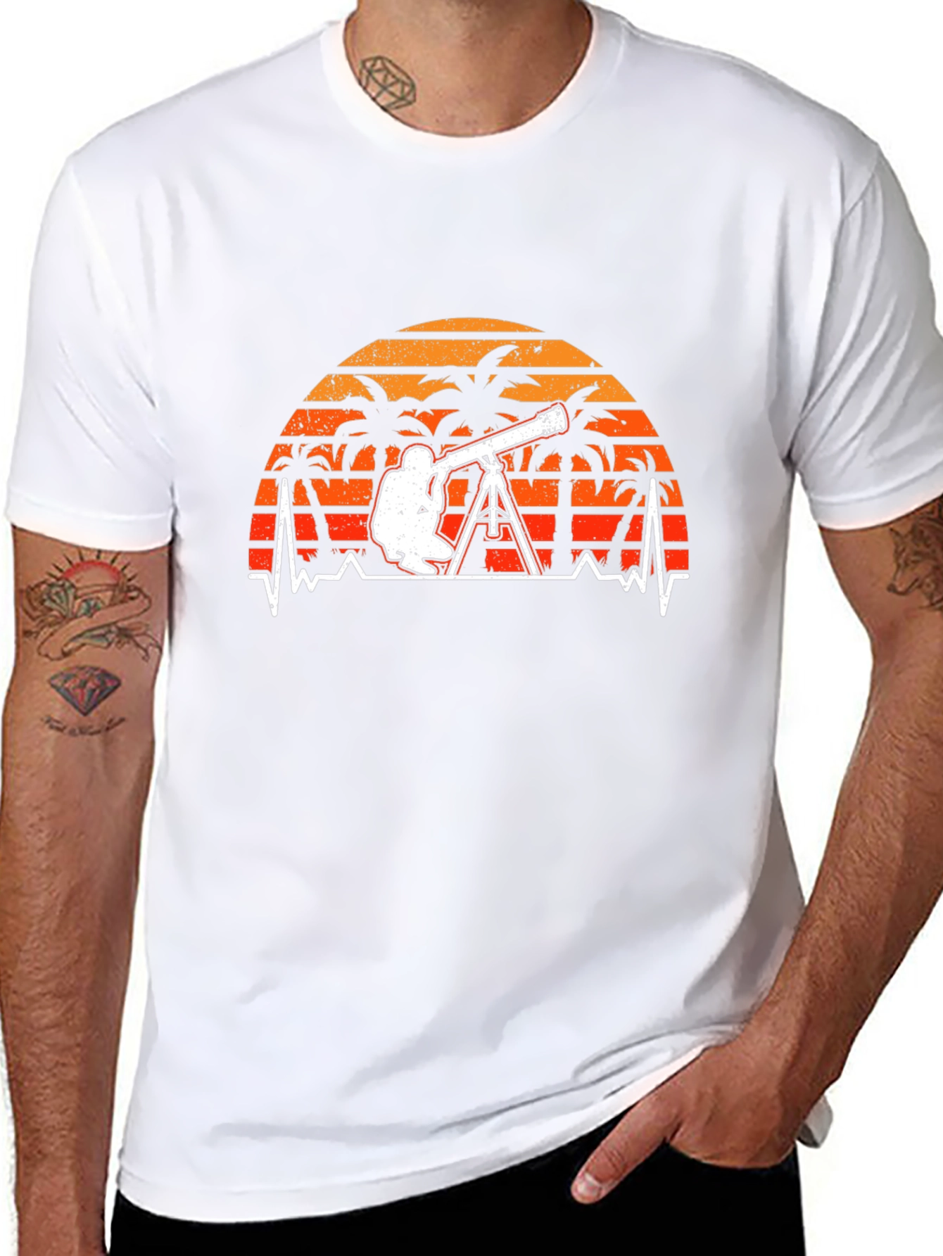 Astronomy T-Shirt: Telescope Heartbeat Sunset Design