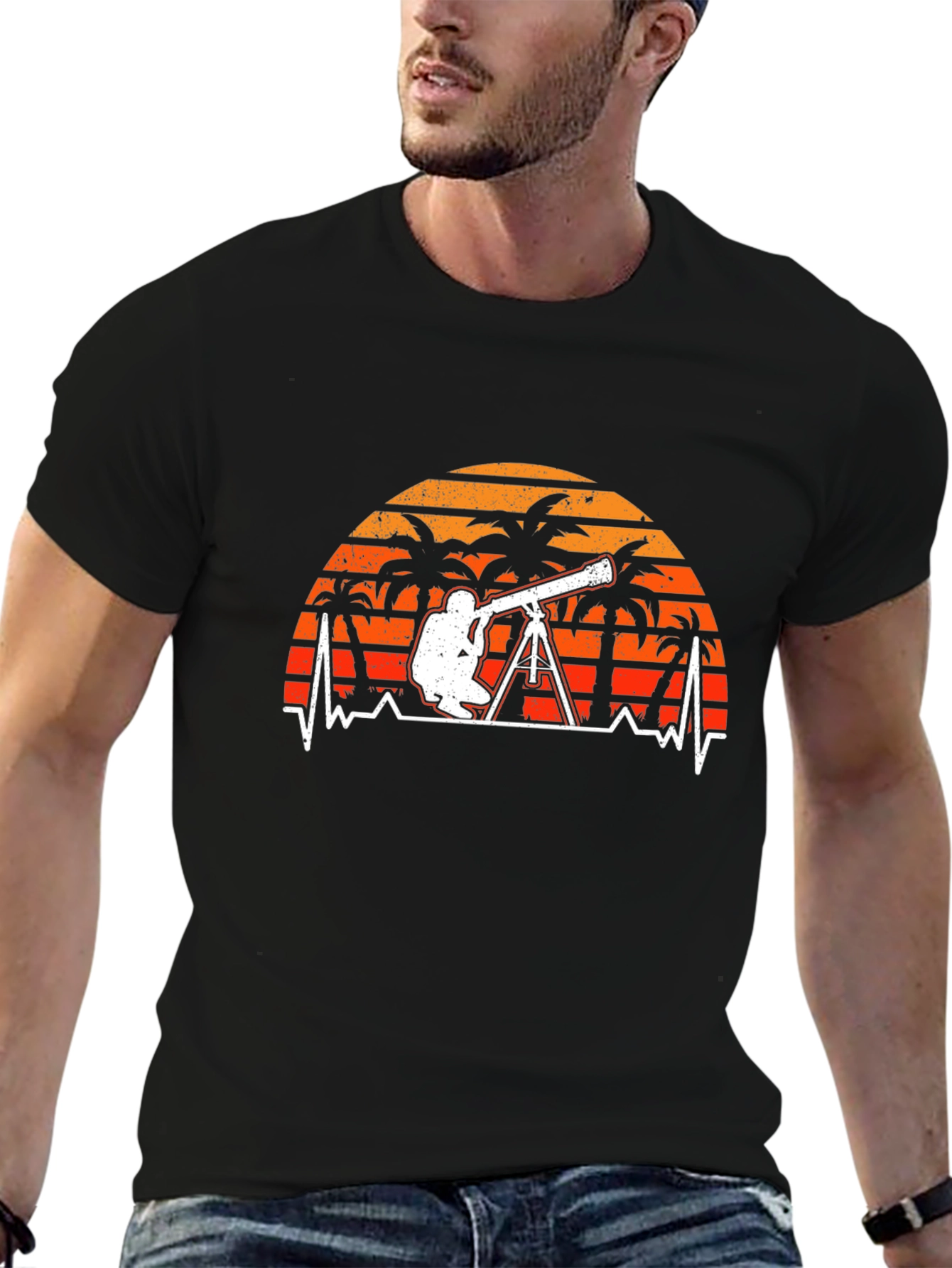 Astronomy T-Shirt: Telescope Heartbeat Sunset Design