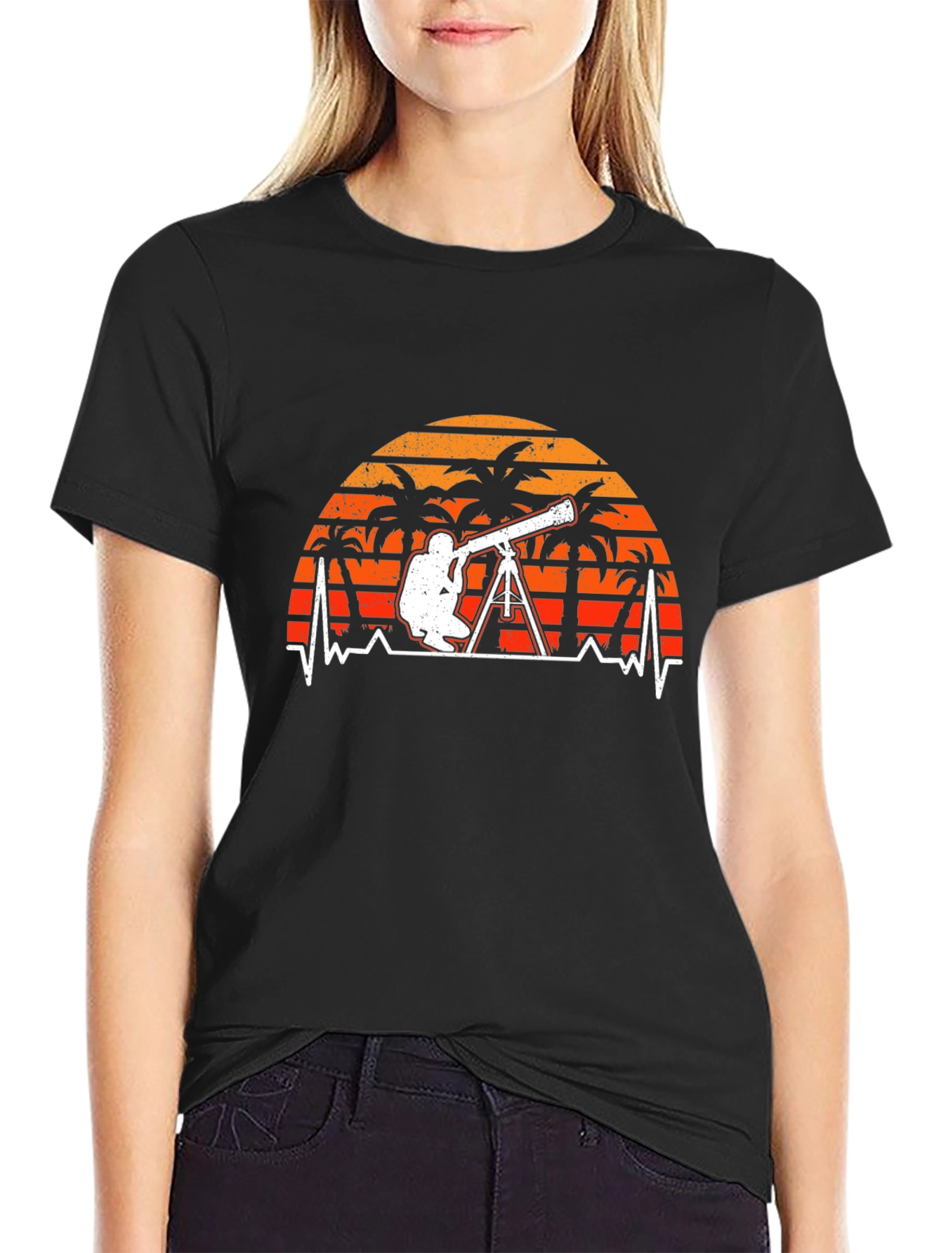 Astronomy T-Shirt: Telescope Heartbeat Sunset Design