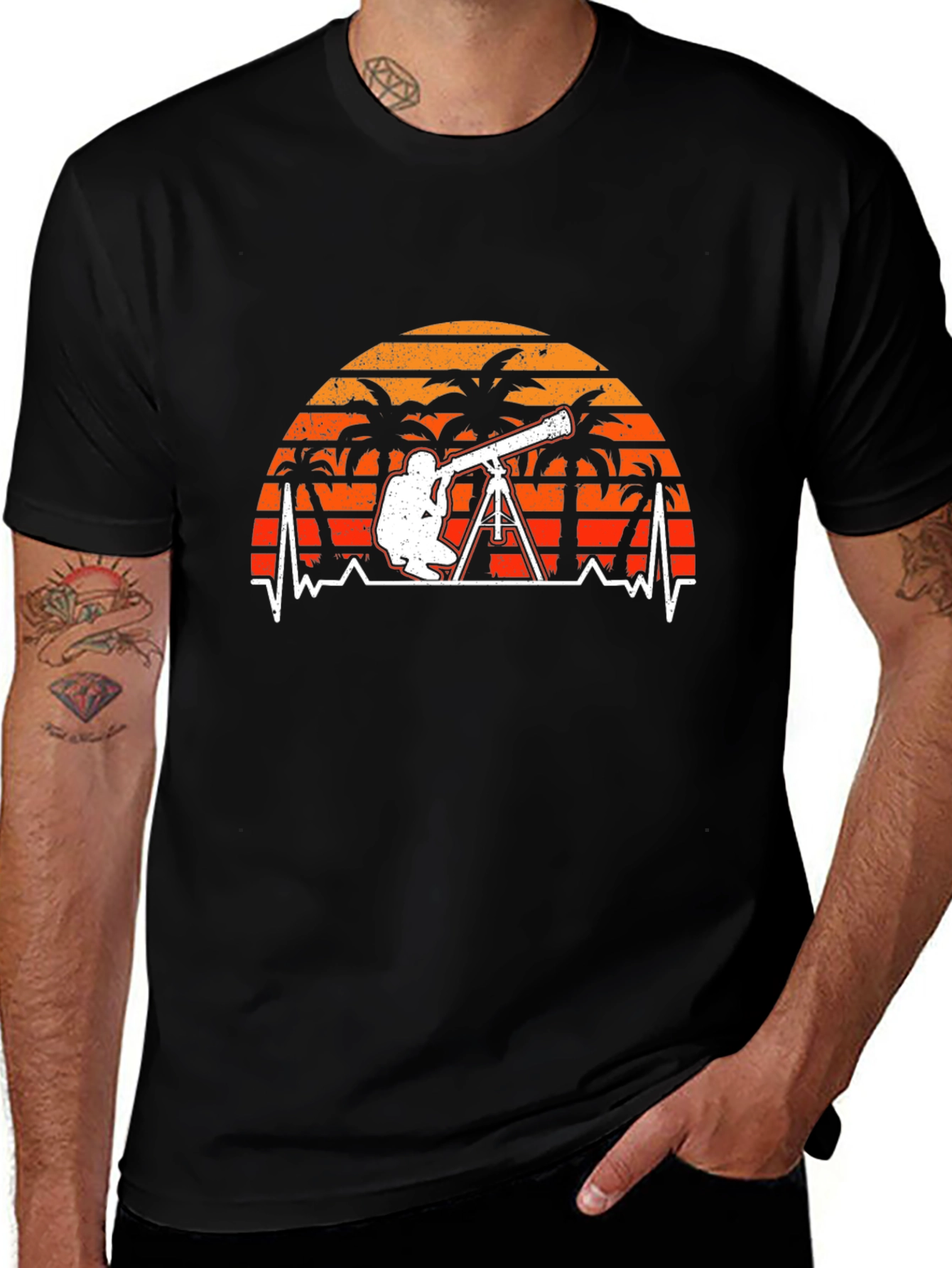 Astronomy T-Shirt: Telescope Heartbeat Sunset Design