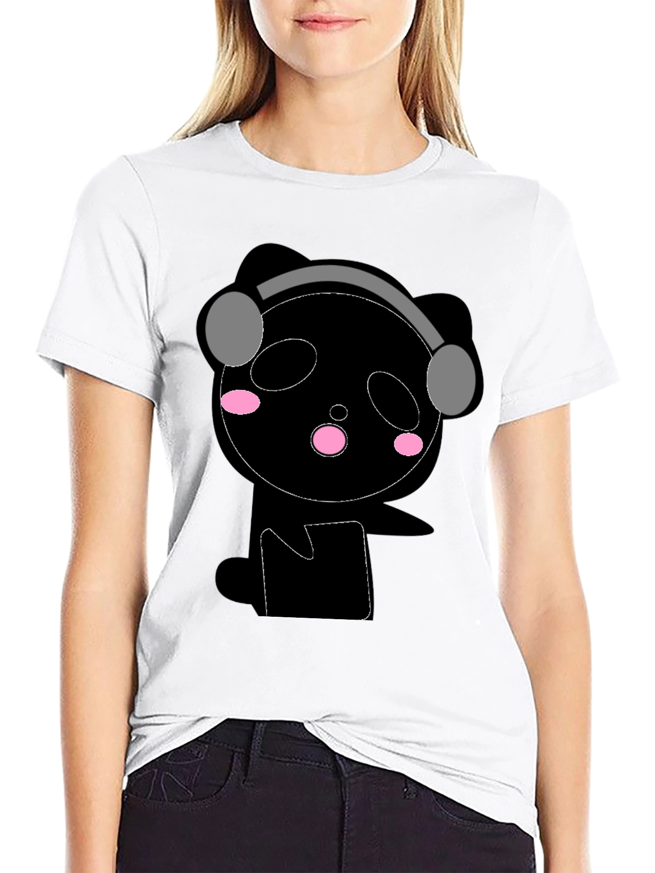 Cute Panda with Headphones Black T-Shirt