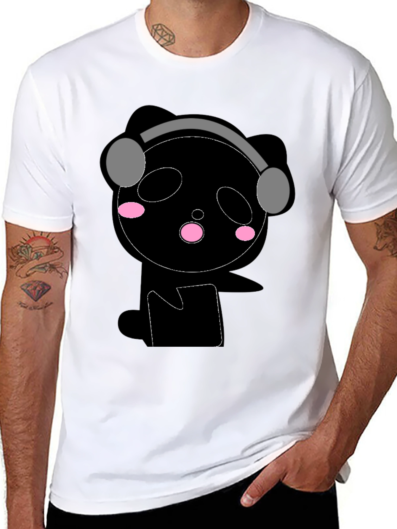Cute Panda with Headphones Black T-Shirt