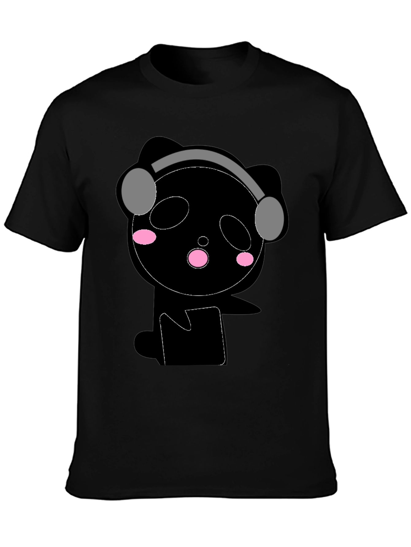 Cute Panda with Headphones Black T-Shirt