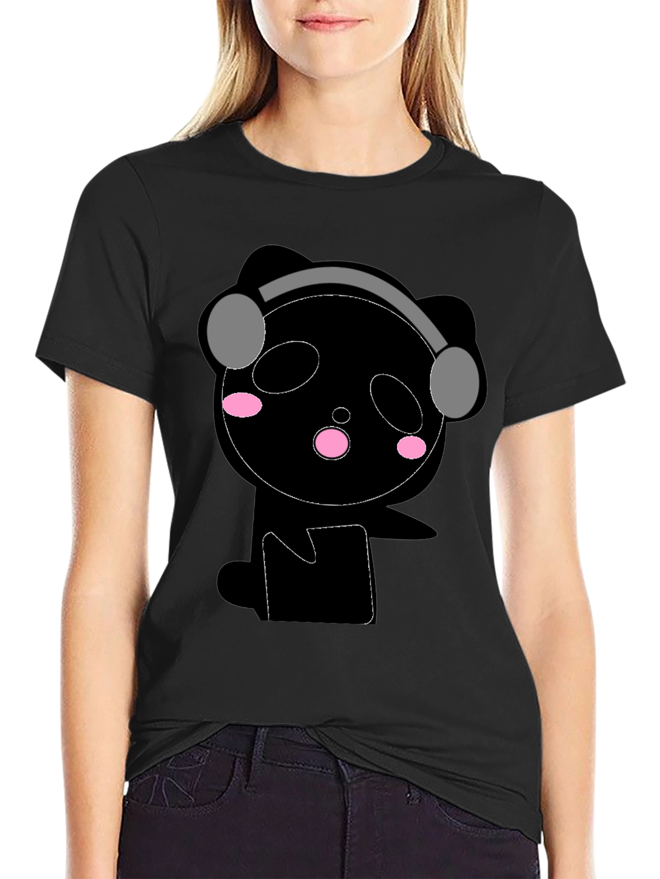 Cute Panda with Headphones Black T-Shirt