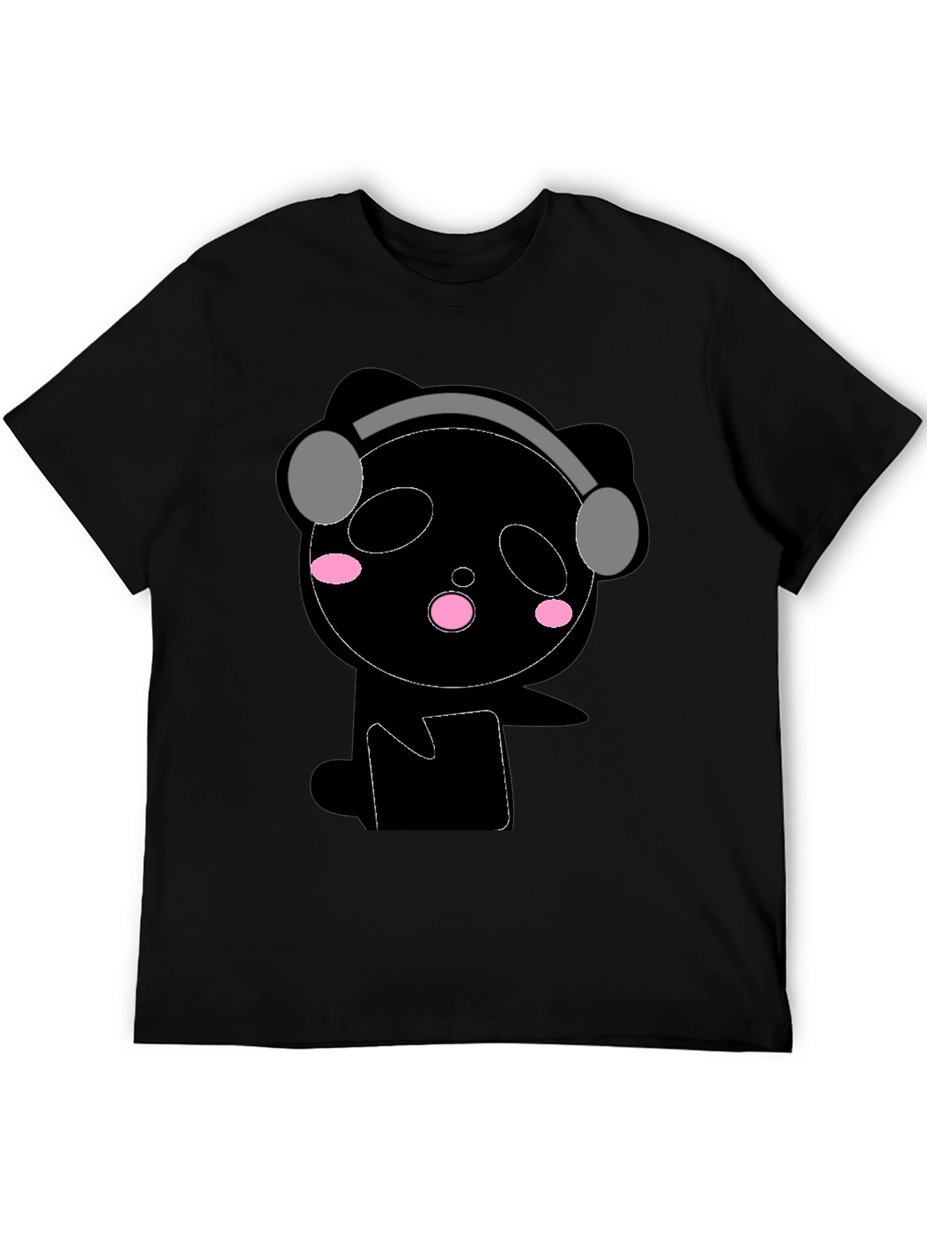 Cute Panda with Headphones Black T-Shirt