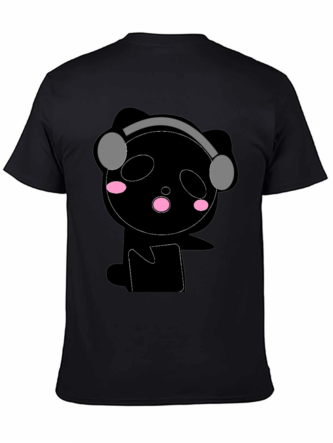 Cute Panda with Headphones Black T-Shirt