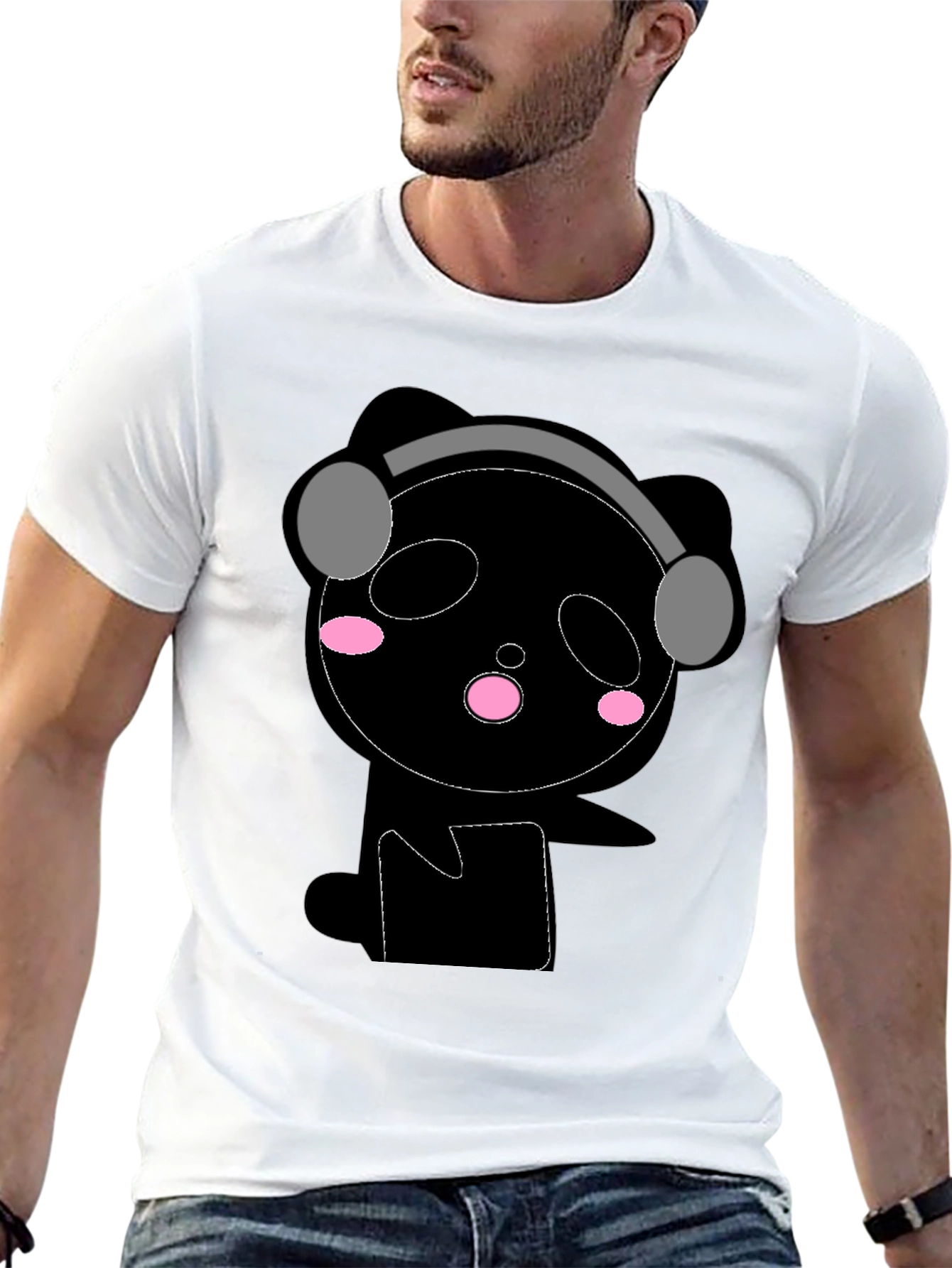 Cute Panda with Headphones Black T-Shirt