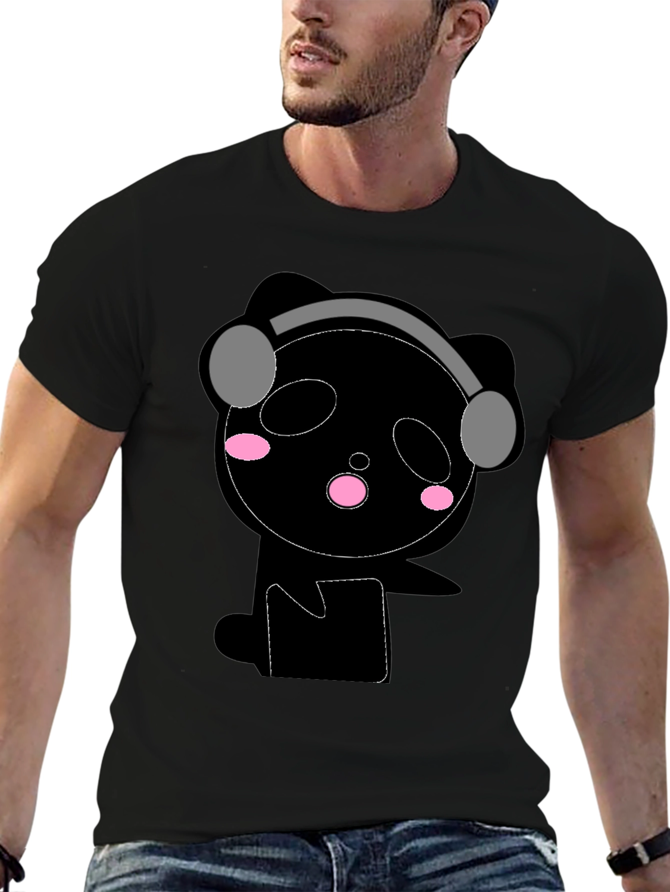 Cute Panda with Headphones Black T-Shirt