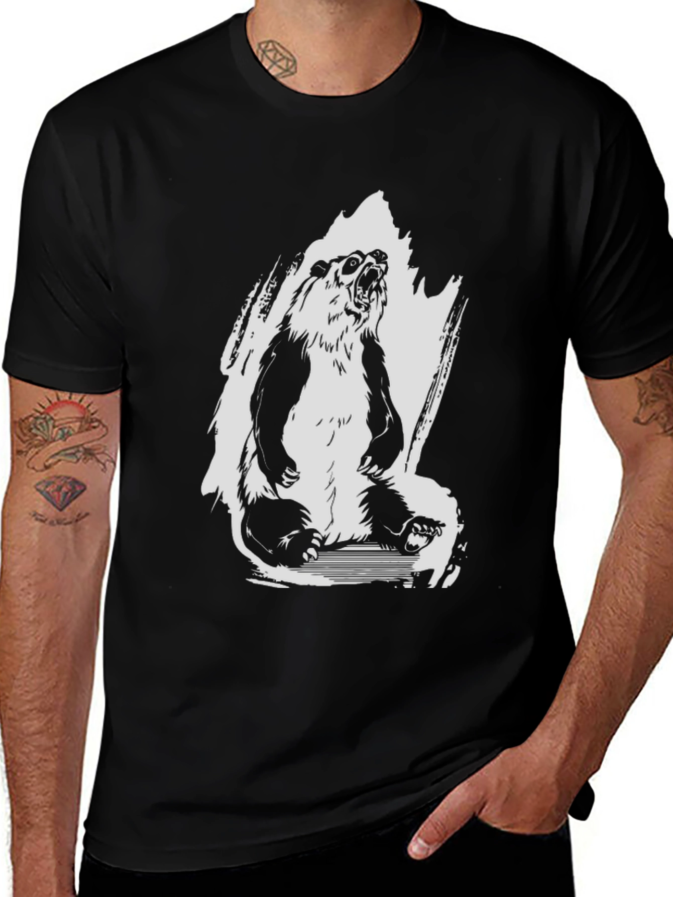Mens Black Graphic Tee - Roaring Panda Design