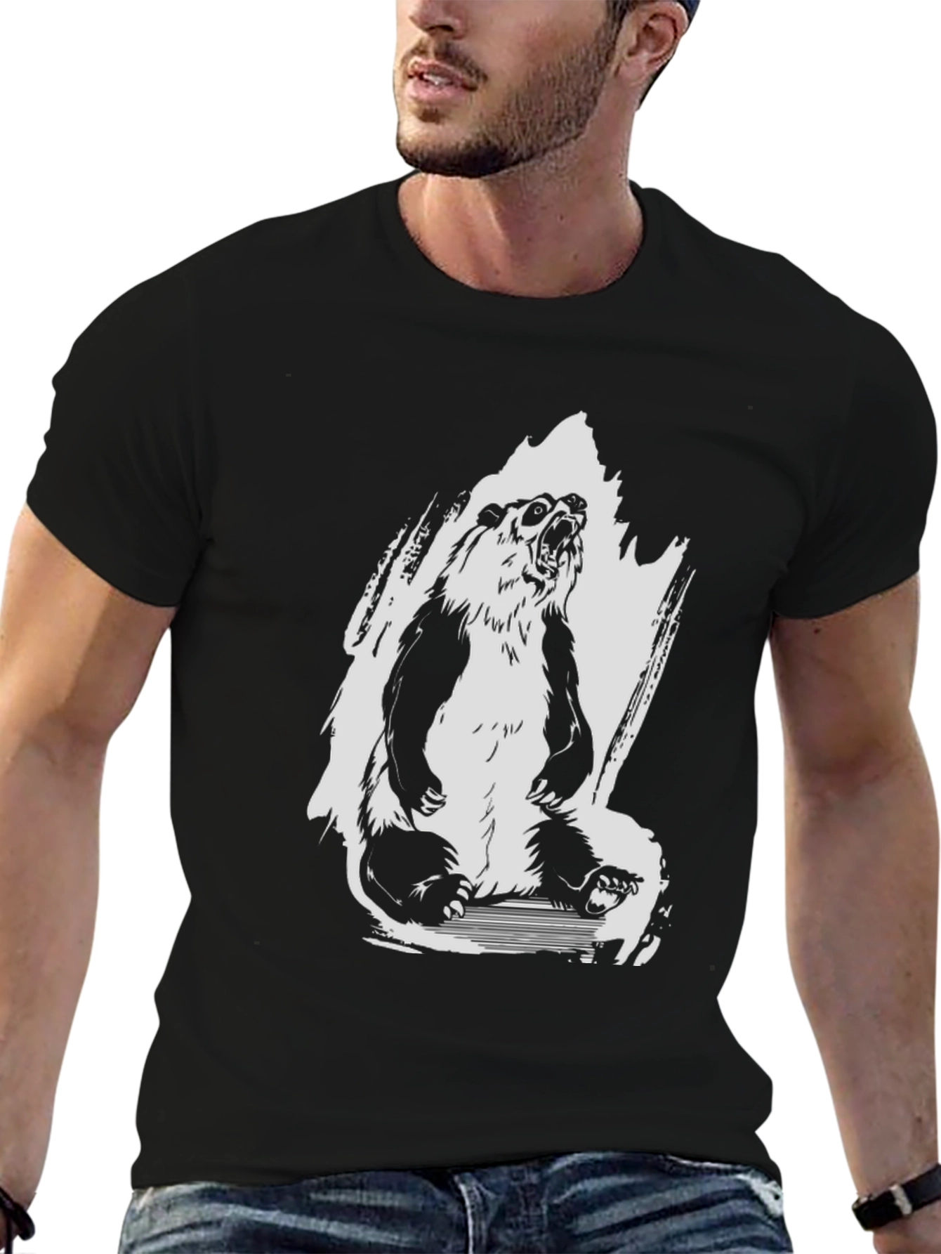 Mens Black Graphic Tee - Roaring Panda Design
