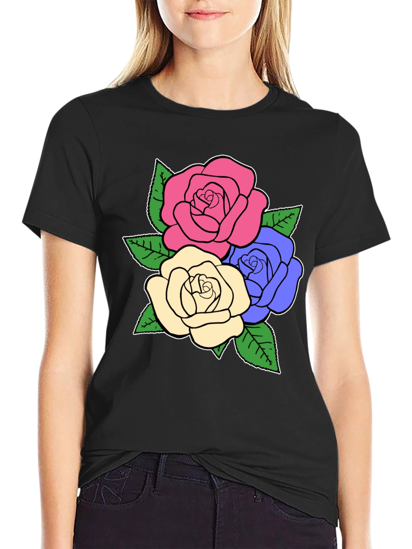 Floral Rose Graphic Tee - Stylish Black T-Shirt
