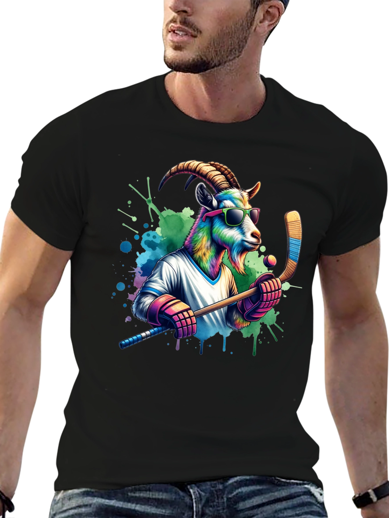 Cool Goat Hockey Player Graphic Tee