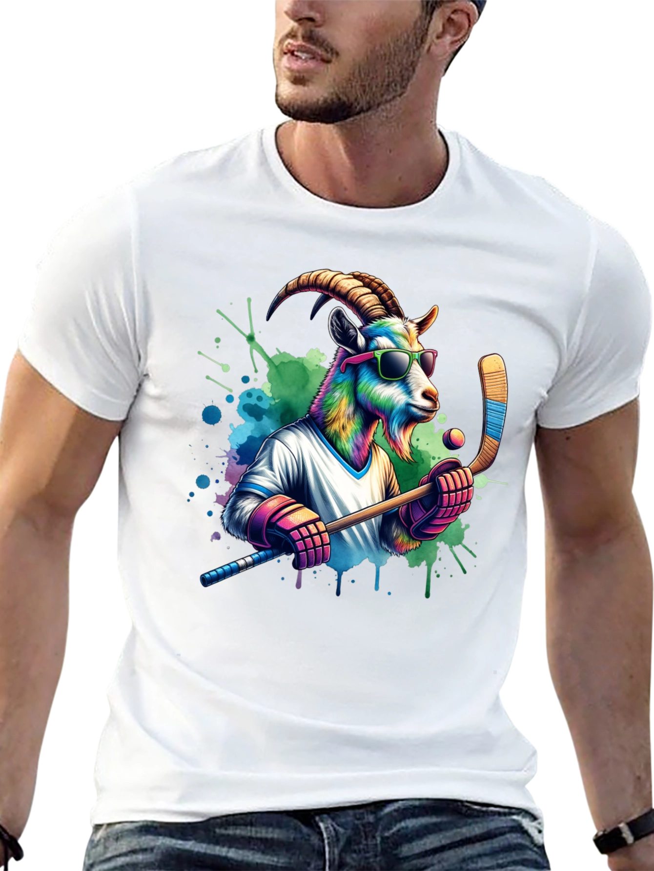 Cool Goat Hockey Player Graphic Tee