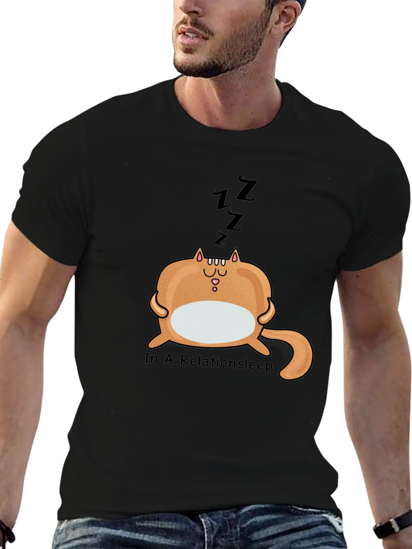 Relaxed Relationsleep Cat Graphic Tee - Unisex Black Shirt