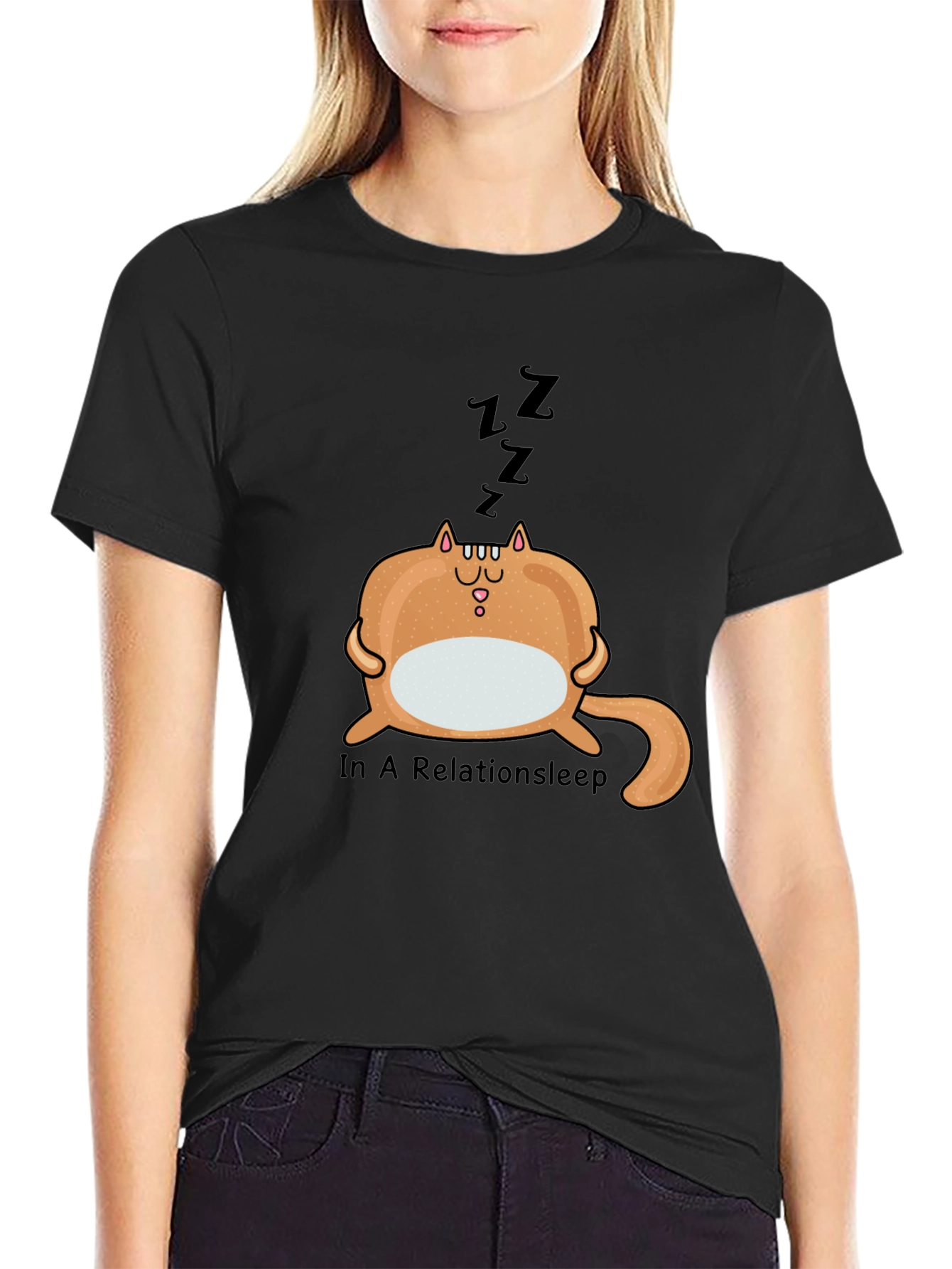 Relaxed Relationsleep Cat Graphic Tee - Unisex Black Shirt