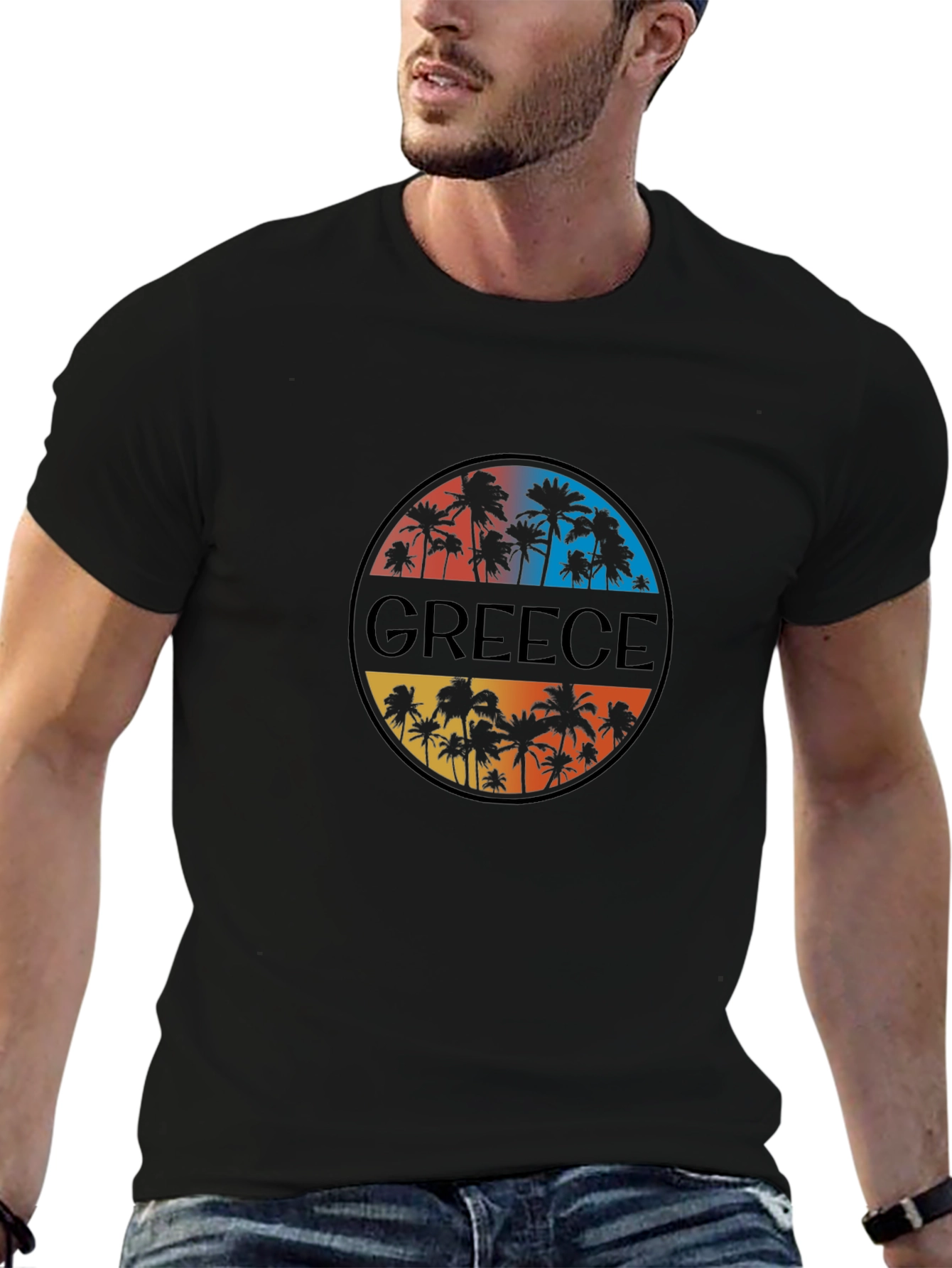 Greece Palm Tree Graphic T-Shirt - Mens Black Tee