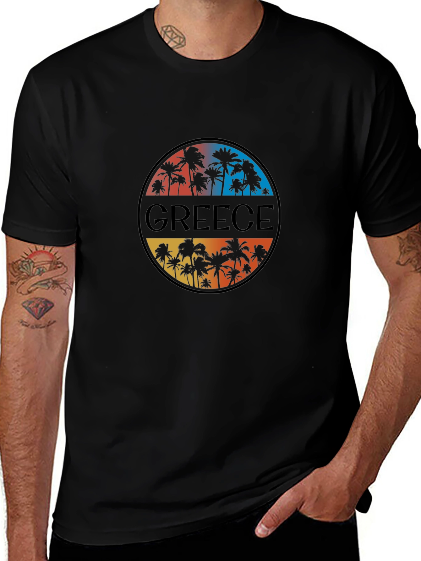 Greece Palm Tree Graphic T-Shirt - Mens Black Tee