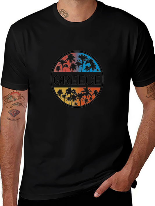 Greece Palm Tree Graphic T-Shirt - Mens Black Tee