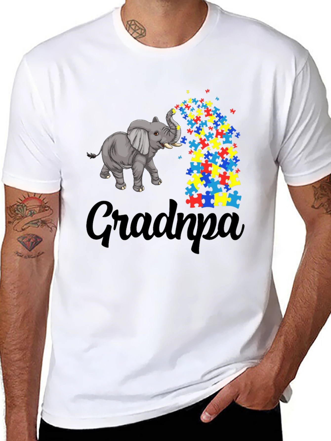 Autism Awareness Grandpa Elephant Puzzle Piece T-Shirt