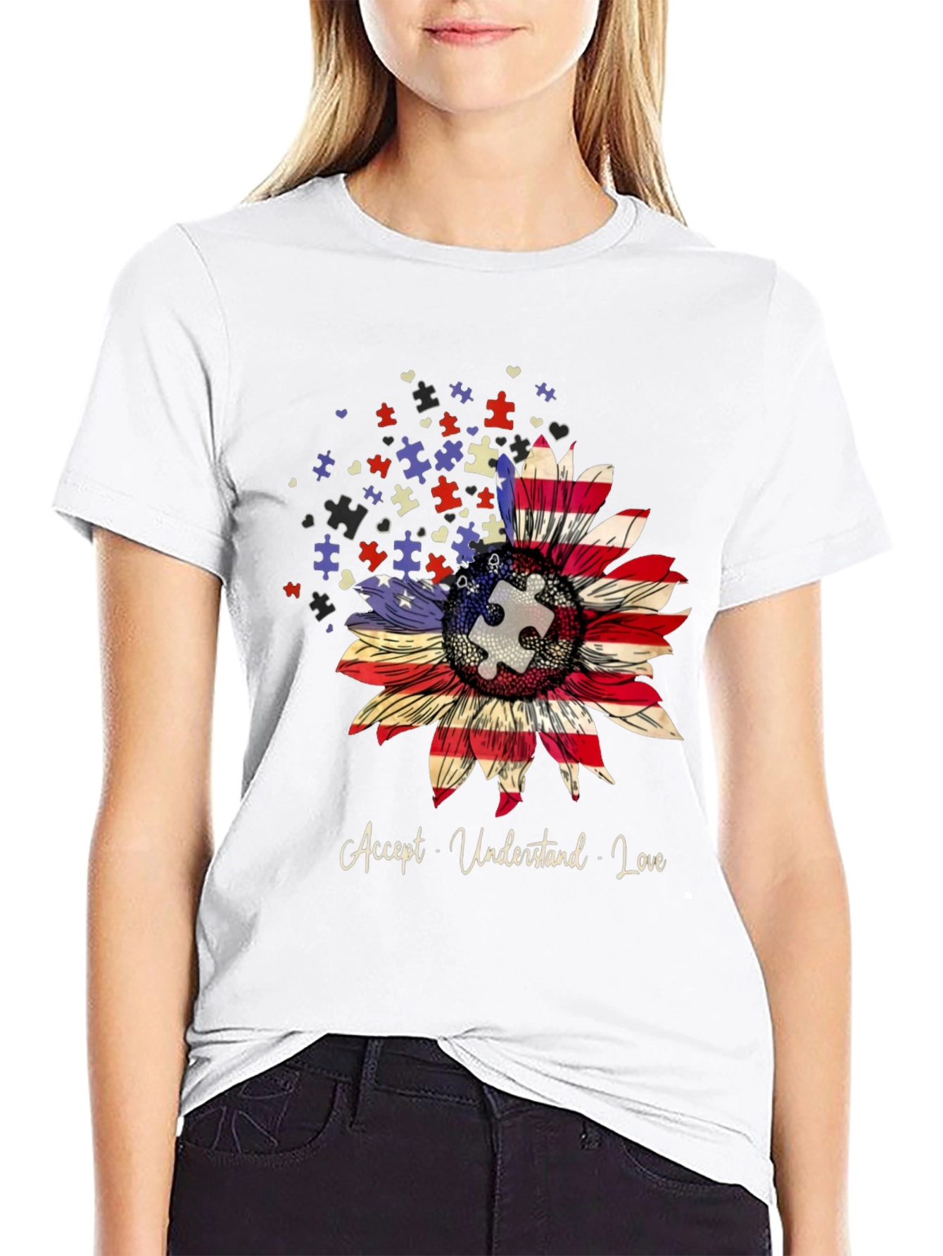 Autism Awareness Sunflower USA Flag T-Shirt