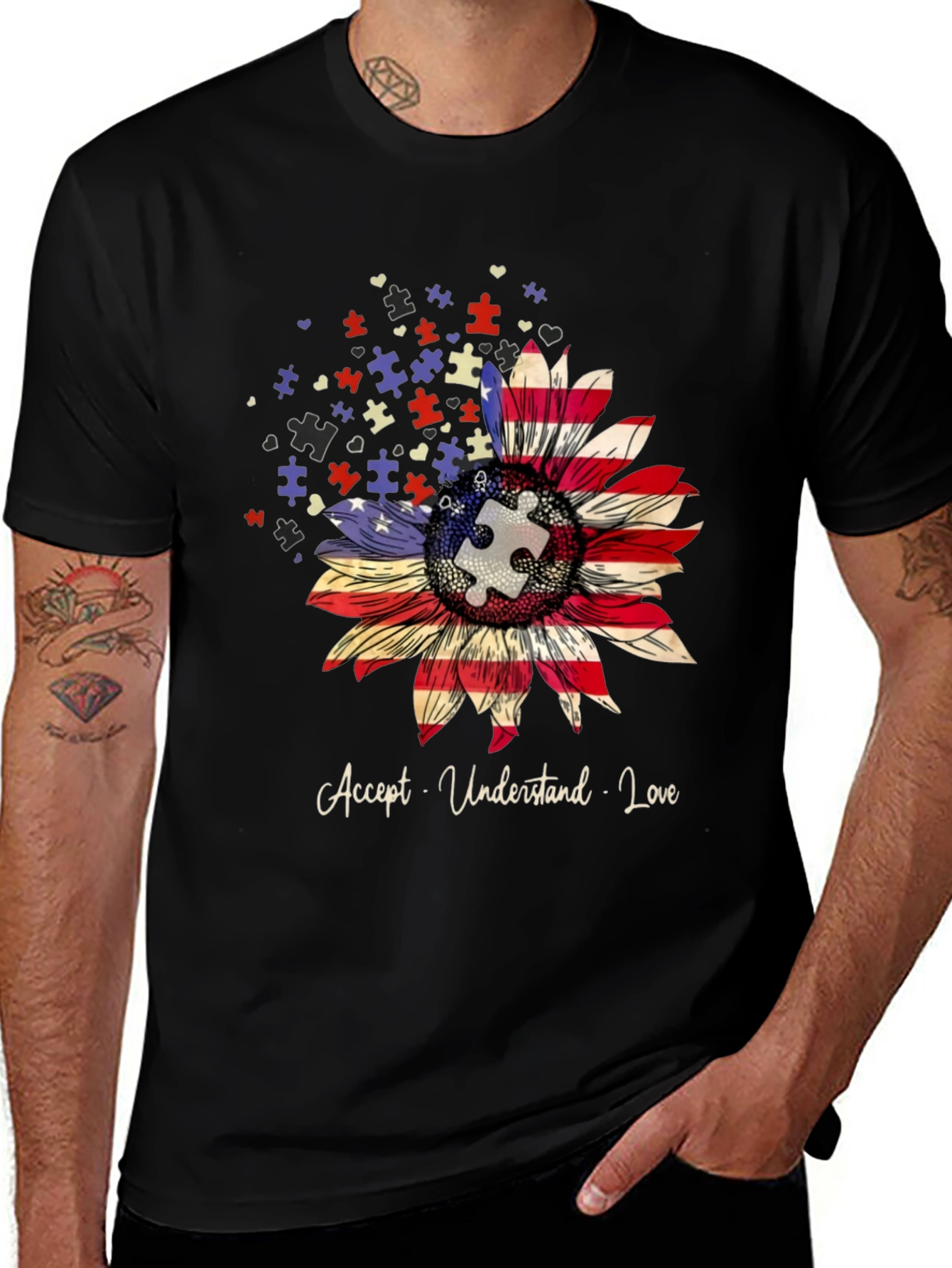 Autism Awareness Sunflower USA Flag T-Shirt