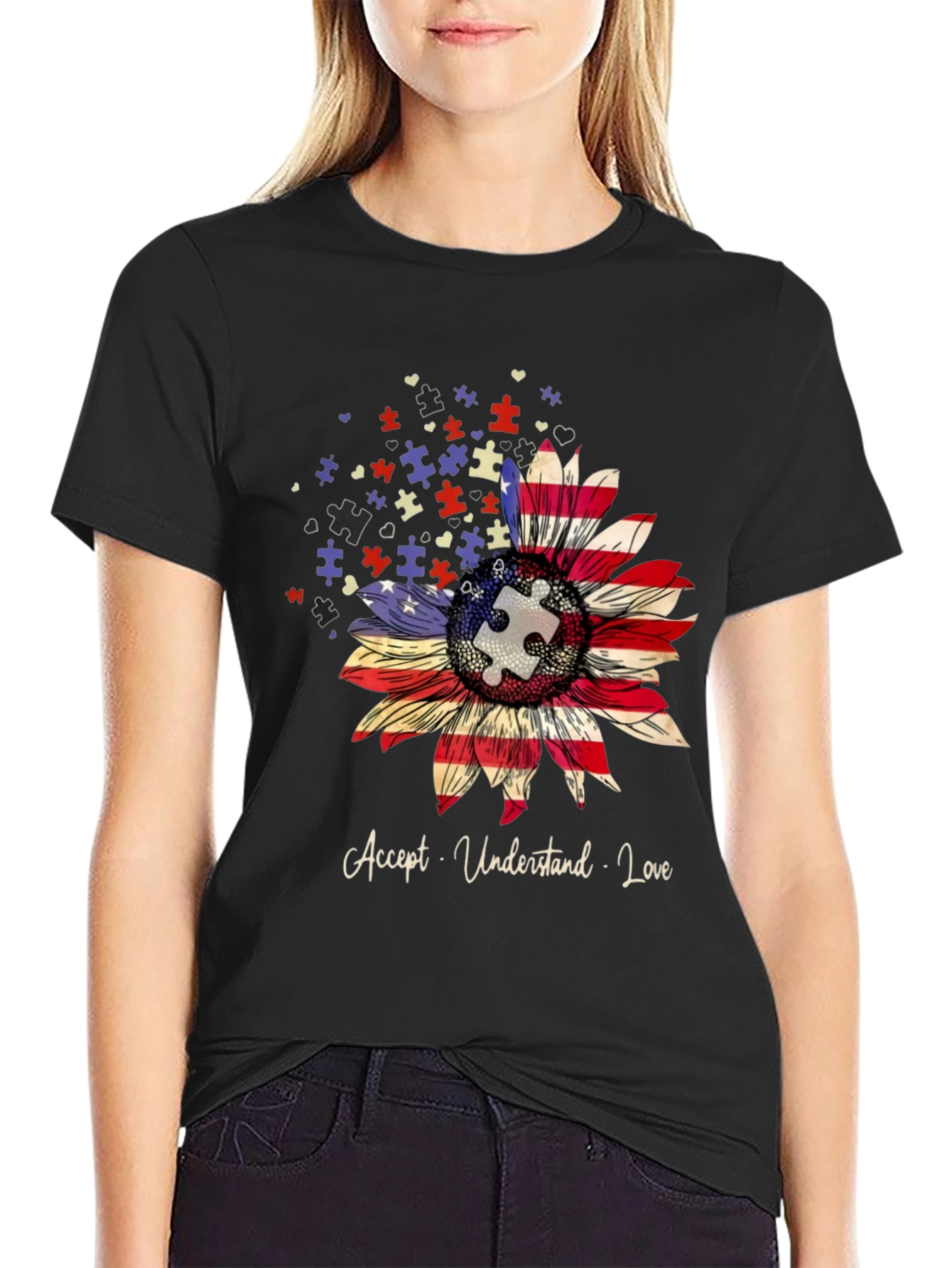 Autism Awareness Sunflower USA Flag T-Shirt