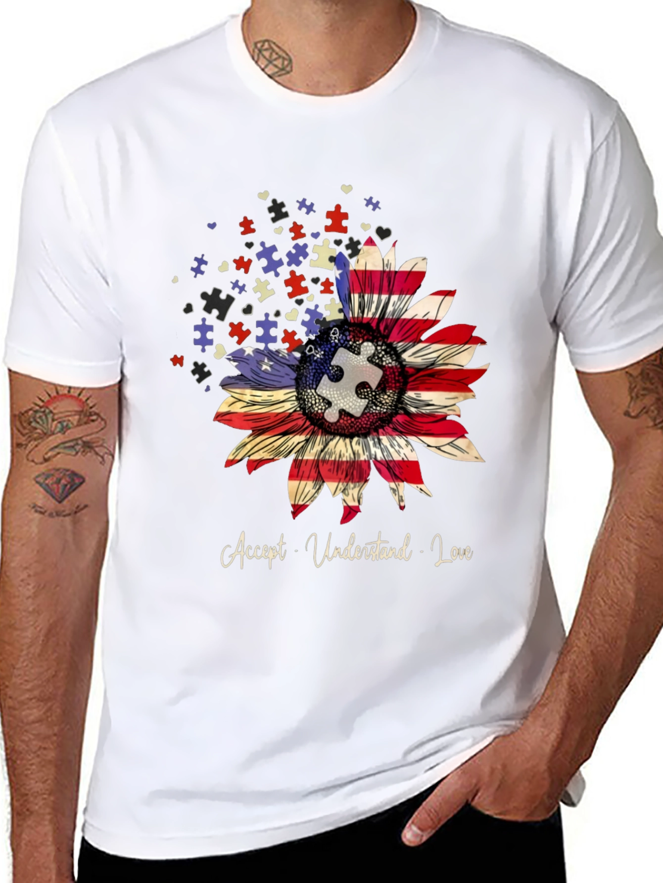 Autism Awareness Sunflower USA Flag T-Shirt