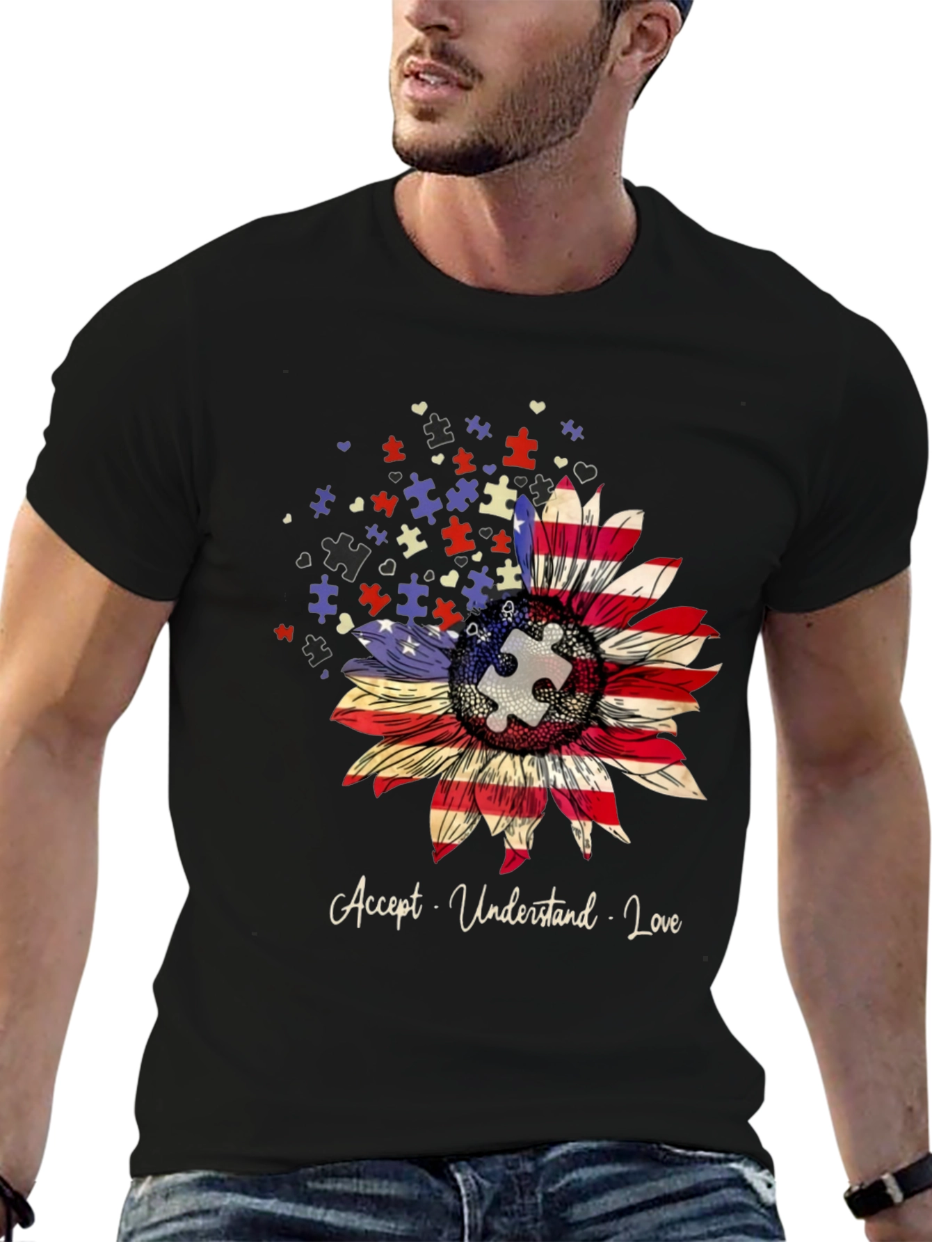Autism Awareness Sunflower USA Flag T-Shirt