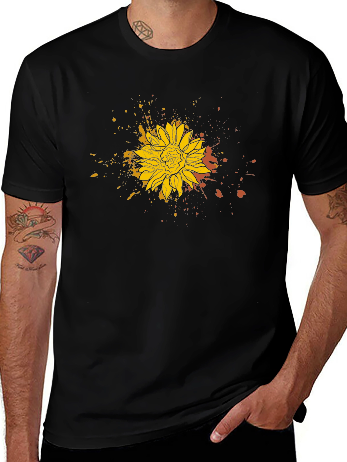 Sunflower Splatter Print Black Tee