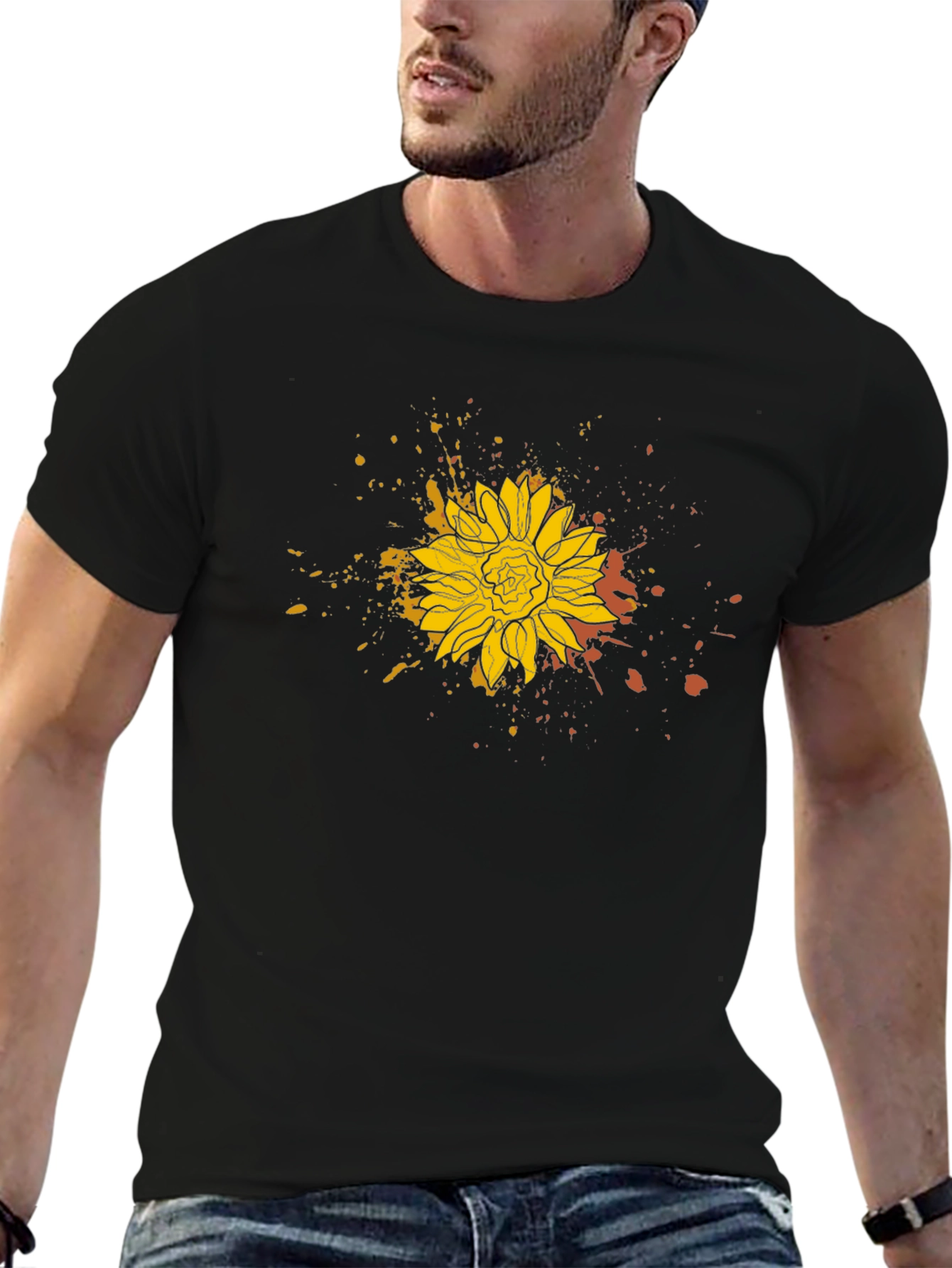 Sunflower Splatter Print Black Tee