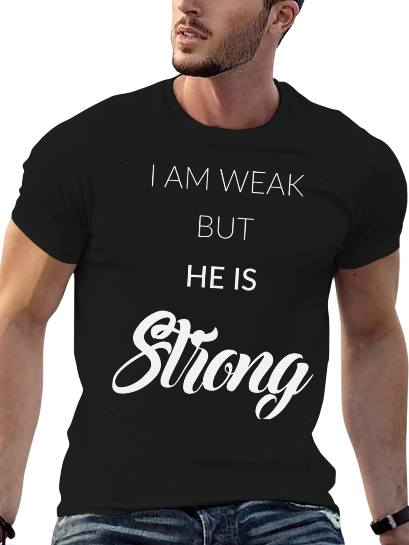 Inspirational He Is Strong Graphic Tee - Black